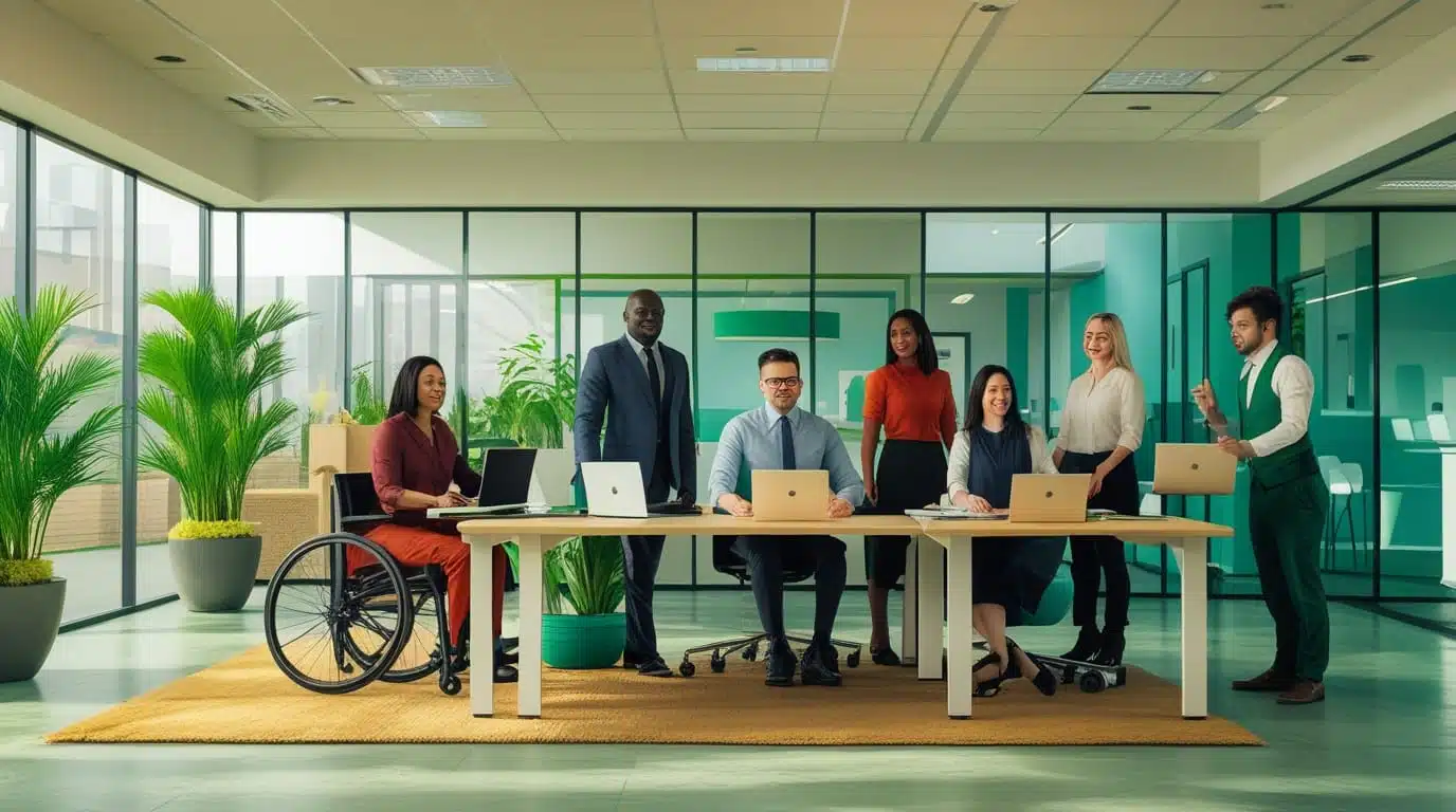 Diverse Irish workplace showing employees of various backgrounds collaborating professionally