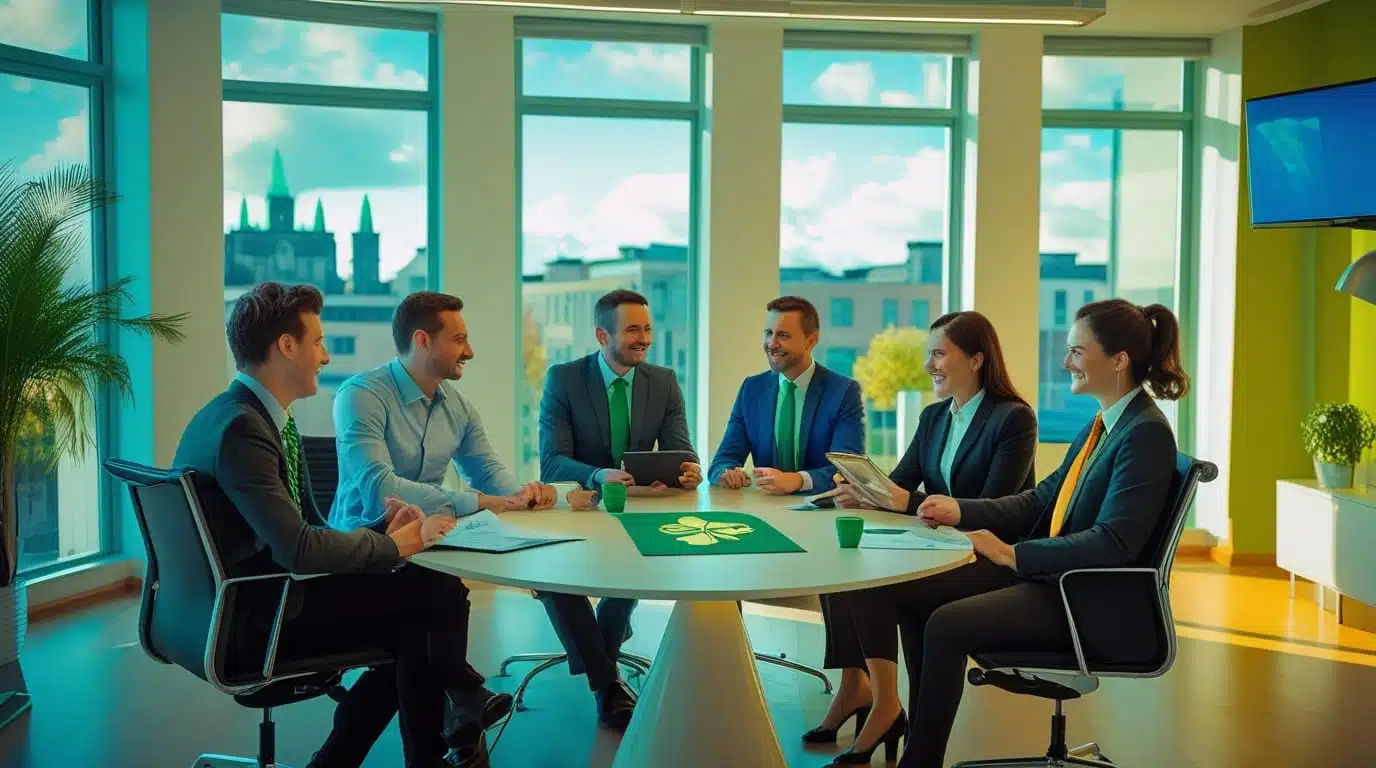 Irish employees discussing employment rights in modern Dublin office workplace